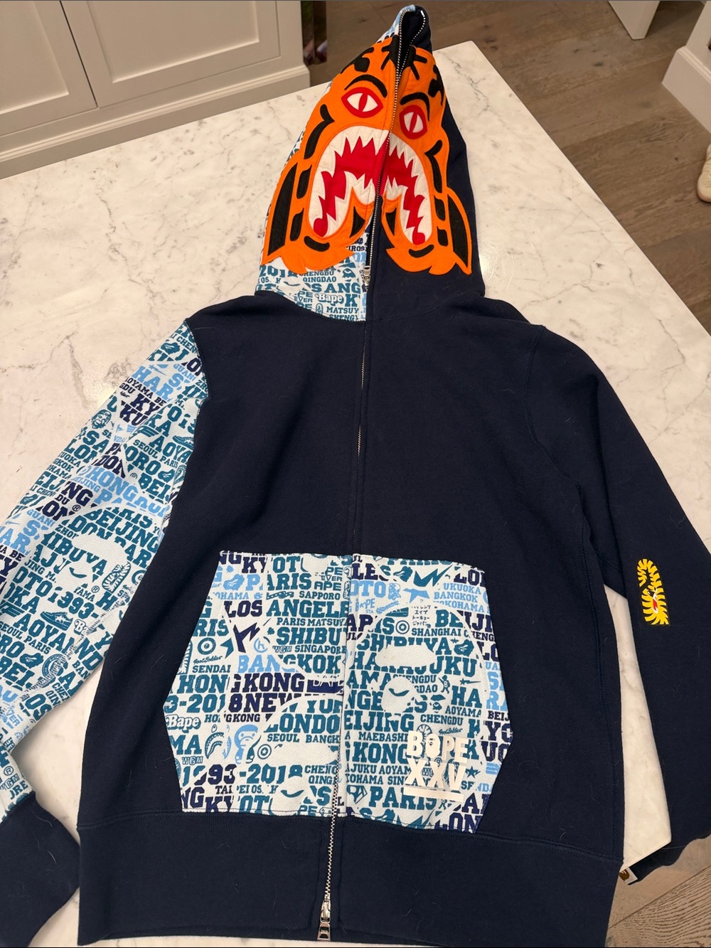 Bape Navy Zip Hoodie with Orange Shark Hood & Blue City Panels
